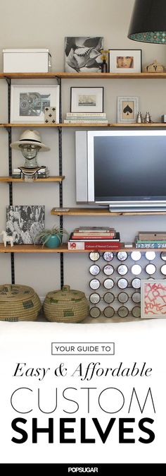 the shelf is full of books and other items that are sitting on top of it