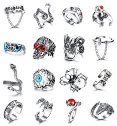 PRICES MAY VARY. 【Vintage Punk Rings Set】-- You will get 16pcs cool goth rings,including exquisite skull rings,snake ring,garnet red eyes frog ring,chain rings engraved “Good Luck”,owl ring and other gothic rings.Different style,trendy experience,add more charm and fresh to your daily wear. 【Premium Material】-- All these aesthetic rings are crafted by high quality alloy,sturdy and durable,lead and nickle free,friendly to your body.With advanced blackened process of the goth rings’ surface,they a Red Eyed Frog, Snake Dragon, Goth Ring, Aesthetic Rings, Skull Rings, Dragon Claw, Open Rings, Vintage Goth, Rings Vintage