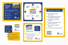 four different types of brochures with yellow and blue designs on the front, back and side