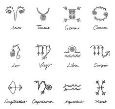 the zodiac signs and their meanings are drawn in black ink on a white paper background