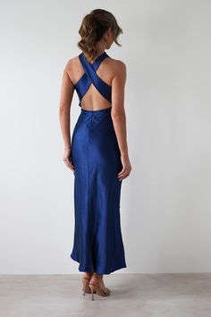 Stefanie Soft Satin Maxi Dress | Navy Maxi Dress Classy, Blue Wedding Guest Dresses, White Bridal Dresses, Maxi Dress Wedding Guest, V Dress, White Bridesmaid Dresses, Fall Wedding Guest Dress, Halter Top Dresses, Formal Dress Shops