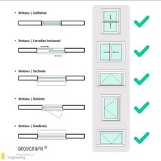 the diagram shows different types of windows and their corresponding sizes, shapes, and colors