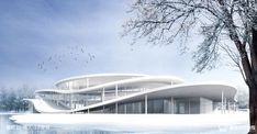 an artistic rendering of a modern building in the snow with trees and birds flying around