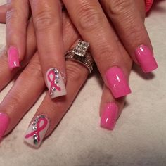 Purple Ribbon Nails, Pink Ribbon Nail Art, Pink Ribbon Nails Designs, Awareness Ribbon Nail Designs, Pink Breast Awareness Nails, Acrylic Nails For Cancers, Cute Birthday Nails For Cancers, Tacky Nails, Pink Ribbon Nails