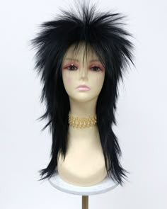 "Rock out in true punk fashion with 80s-style long spiky rockstar layers! Inside cap has adjustable elastic straps, no combs or clips. Color: Black (1) Length: 20 Inches Circumference: Default at 21\" with adjustable cap (max 22\"). All sales are final. Please read all store policies before purchasing." Long Spikey Hair, 80s Punk Hairstyles, Punk 80s Hair, Rockstar Wig Hairstyles, 80’s Rock Hair, Metal Hairstyles, Punk Mullet, Rockstar Hair, Rocker Costume