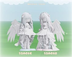 two white angel dolls standing next to each other in front of a blue sky and green field