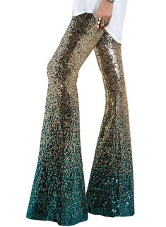 PRICES MAY VARY. Material: Sequins + Lining.This sequin floral trouser is made of high quality full sequins covered for a beautifully embellished with a soft lined for that perfect balance. This extraordinary pair of flare pants features an elastic, stretchy waistband that allows for comfortable wear. Has a relaxed, wide leg fit that is perfect for long hours, day or night! This style of pant is very dazzling, whether it is walking in the street under the sun, or sitting under the neon lights ca 1970s Chic Fashion, Authentic 70s Disco Fashion, Womens 70s Outfits Party, Vegas Cocktail Attire, Womens Disco Outfit, Sequin Flare Pants Outfit, 70s Theme Party Outfit For Women, 70s Disco Theme Party Outfit, Abba Concert Outfit