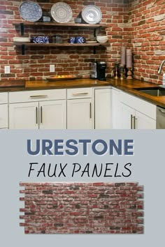 URESTONE Faux Brick Panels Farmhouse Tiles Kitchen, Rustic Brick Kitchen Backsplash, Faux Brick Kitchen Wall, Mobile Home Backsplash Ideas, Brick Backsplash With Butcher Block, Rustic Bakery Interior, Kitchens With Brick Backsplash, Faux Brick Kitchen Backsplash, Faux Brick Backsplash Kitchen