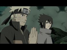 naruto and sashirt standing in front of a dark sky with clouds