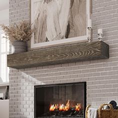 a fire place in a living room with a painting on the brick wall above it