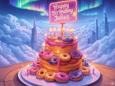 a birthday cake with donuts and lit candles