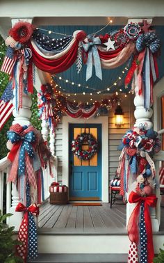 the front porch decorated with red, white and blue decorations