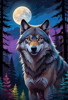 a wolf is standing in the woods at night with full moon and trees behind it