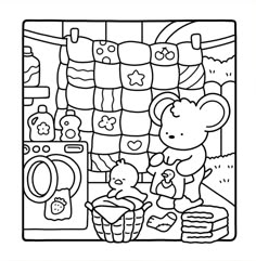 a black and white drawing of a teddy bear in front of a laundry line with other items