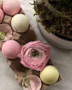 an arrangement of flowers and eggs on a table