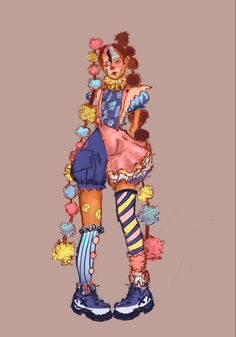 a drawing of a woman dressed up as a clown with lots of pom poms