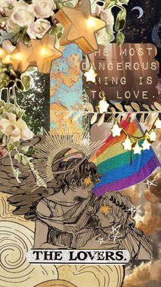 an artistic collage with flowers, stars and a man holding a rainbow in his hand