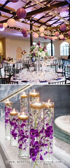 purple flowers are in glass vases with candles on the table and hanging from the ceiling