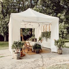 a white tent with potted plants in it