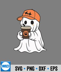 a cartoon ghost holding a cup of coffee