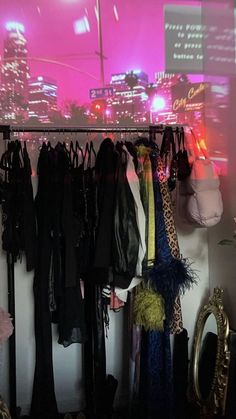 the closet is filled with clothes and other items for sale in front of a cityscape