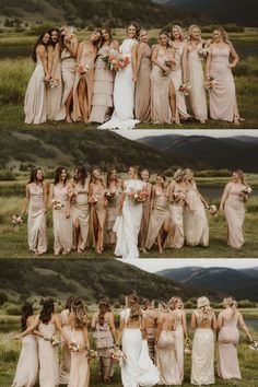 Champagne Wedding Themes, Bridesmaid Color Scheme, Bridal Party Color Schemes, Mismatched Bridesmaids Dresses, Pink Bridesmaids Dresses, Different Bridesmaid Dresses, Pink And Champagne, Wedding Theme Color Schemes, Rainy Wedding Day