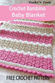 the crochet baby blanket is made with pink, white and beige yarns