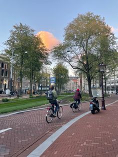 two people riding bikes on a brick path in the city with tall buildings and trees