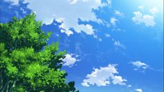 the sky is blue with clouds and green trees