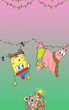 spongebob is hanging upside down on the clothes line and another cartoon character is standing in front of him