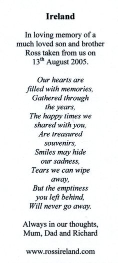 the poem for ireland in loving memory of a much loved son and brother, 13 august 2013