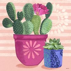 two potted plants are sitting next to each other on a pink and white striped background