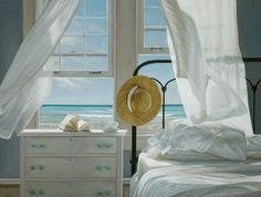 a painting of a bedroom with a hat on top of a dresser next to a window