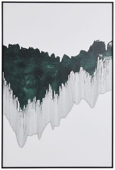 an abstract painting with white and green paint on the wall in front of a black frame