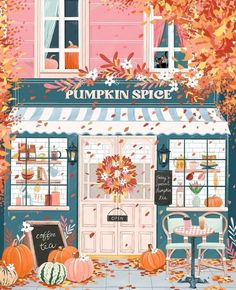 a painting of a store front with pumpkins on the outside