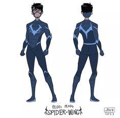 a drawing of a man in blue and black suit with the words spider - wing on it