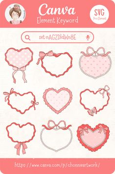 a set of heart shaped frames with bows and hearts on them, all in pink