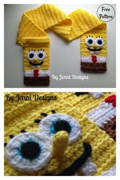 crocheted spongebob hat and mittens are shown in two different colors