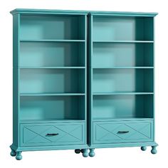 a blue bookcase with two drawers on each side and one drawer at the bottom