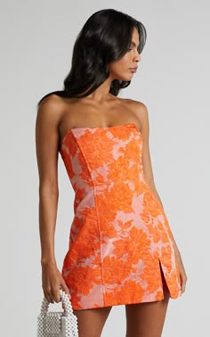 Semi Mini Dresses, Brailey Strapless Mini Dress, Orange Strapless Hoco Dress, Hoco Dresses 2023 Strapless, Cute Orange Hoco Dresses, Orange Hoco Dress With Date, Orange And Pink Hoco Dress, A Line Hoco Dresses Short, Classy Hoco Dresses Short