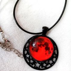 Red Crescent Moon Star Necklace Leather Necklace Length 17 Inch Adjustable Adjustable Red Necklace For Halloween, Handmade Black Star Necklace, Red Star-shaped Jewelry For Parties, Handmade Red Star Jewelry, Red Star-shaped Party Jewelry, Red Crescent Moon, Red Crescent, Moon Star Necklace, Scene Outfits