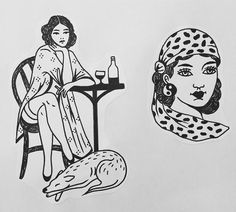 two stickers depicting women sitting at a table, one with a bottle and the other with a dog