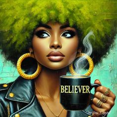 a painting of a woman holding a coffee cup with the word believe written on it