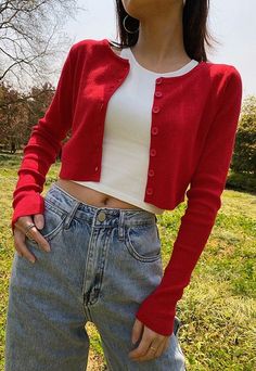 Red Outfit Korean, Red Outfits For Women, Pastel Outfit, Red Cardigan, Red Outfit, Outfit Goals, Outfits Casual, Aesthetic Fashion, Cute Casual Outfits