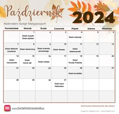 a calendar with autumn leaves on it