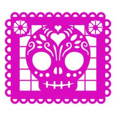 a pink sugar skull cutout with hearts and flowers in the center, on a white background