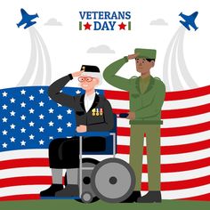 an old man in a wheel chair salutes the american flag as another soldier stands next to him