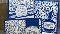 three blue and white cards with the words happy birthday written on them, one is for someone