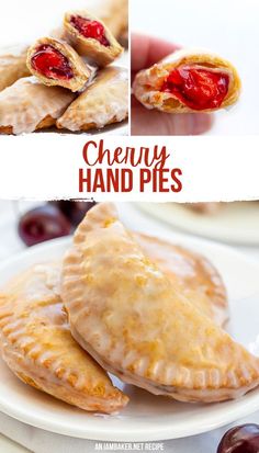 cherry hand pies on a plate with cherries in the background and text overlay reading cherry hand pies