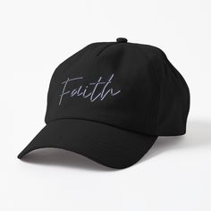 a black hat with the word faith embroidered on it